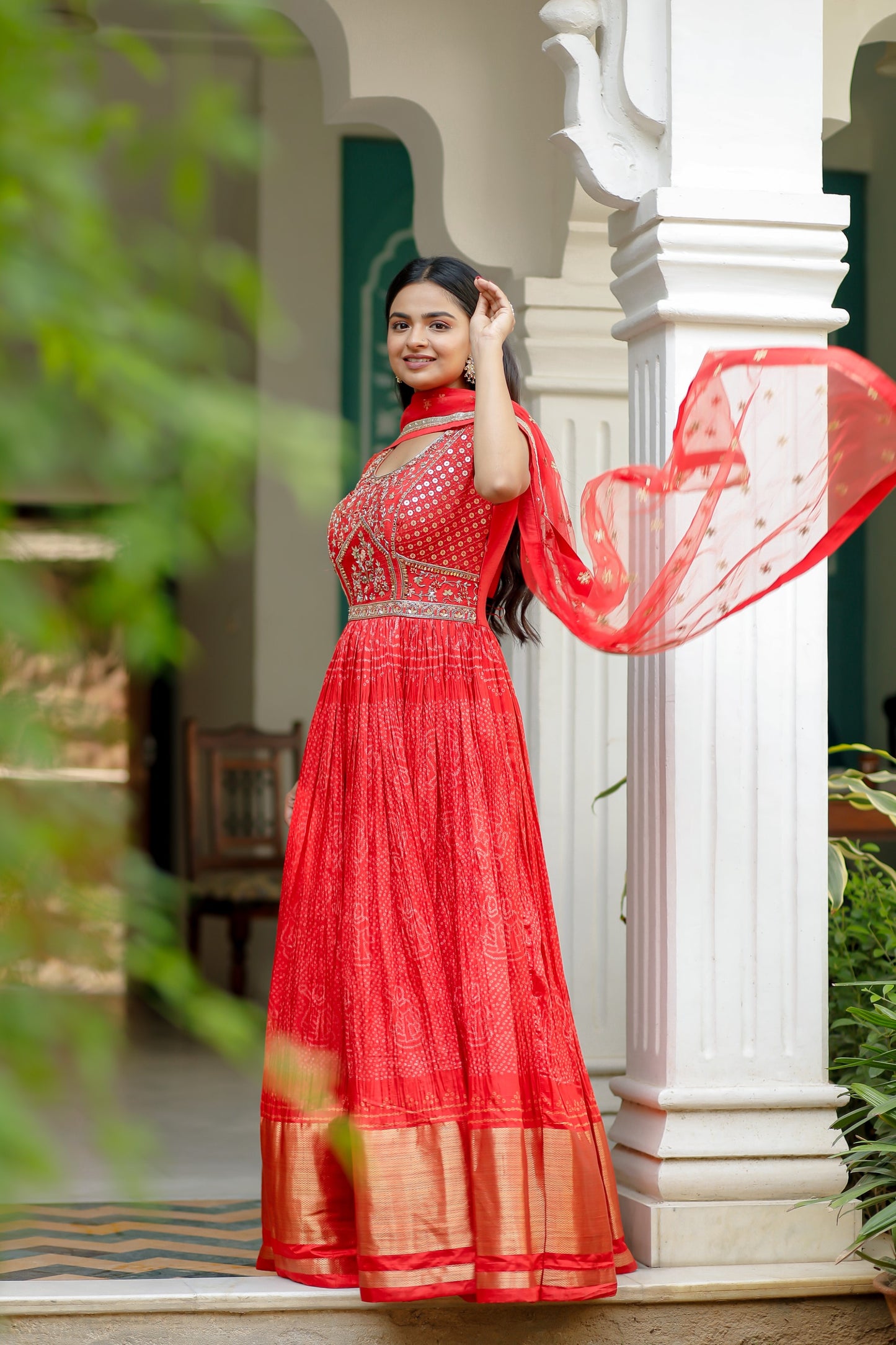 Red Taffeta Bhandej Printed Anarkali Set With Embellished Bodice