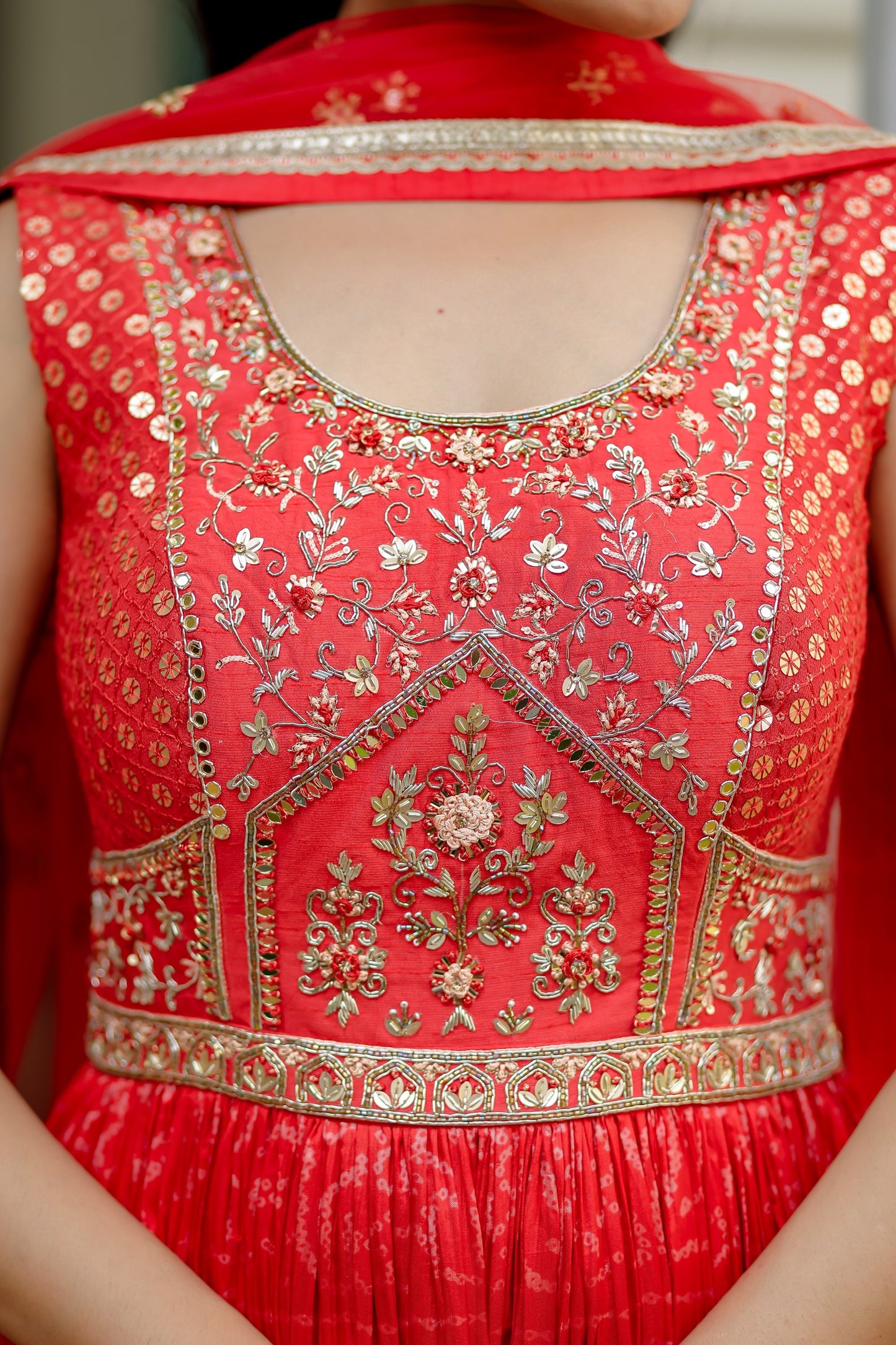 Red Taffeta Bhandej Printed Anarkali Set With Embellished Bodice