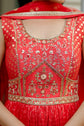 Red Taffeta Bhandej Printed Anarkali Set With Embellished Bodice