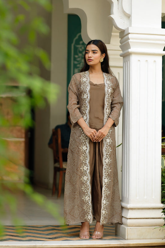 Brown Three Piece Set With Hand Moti Work