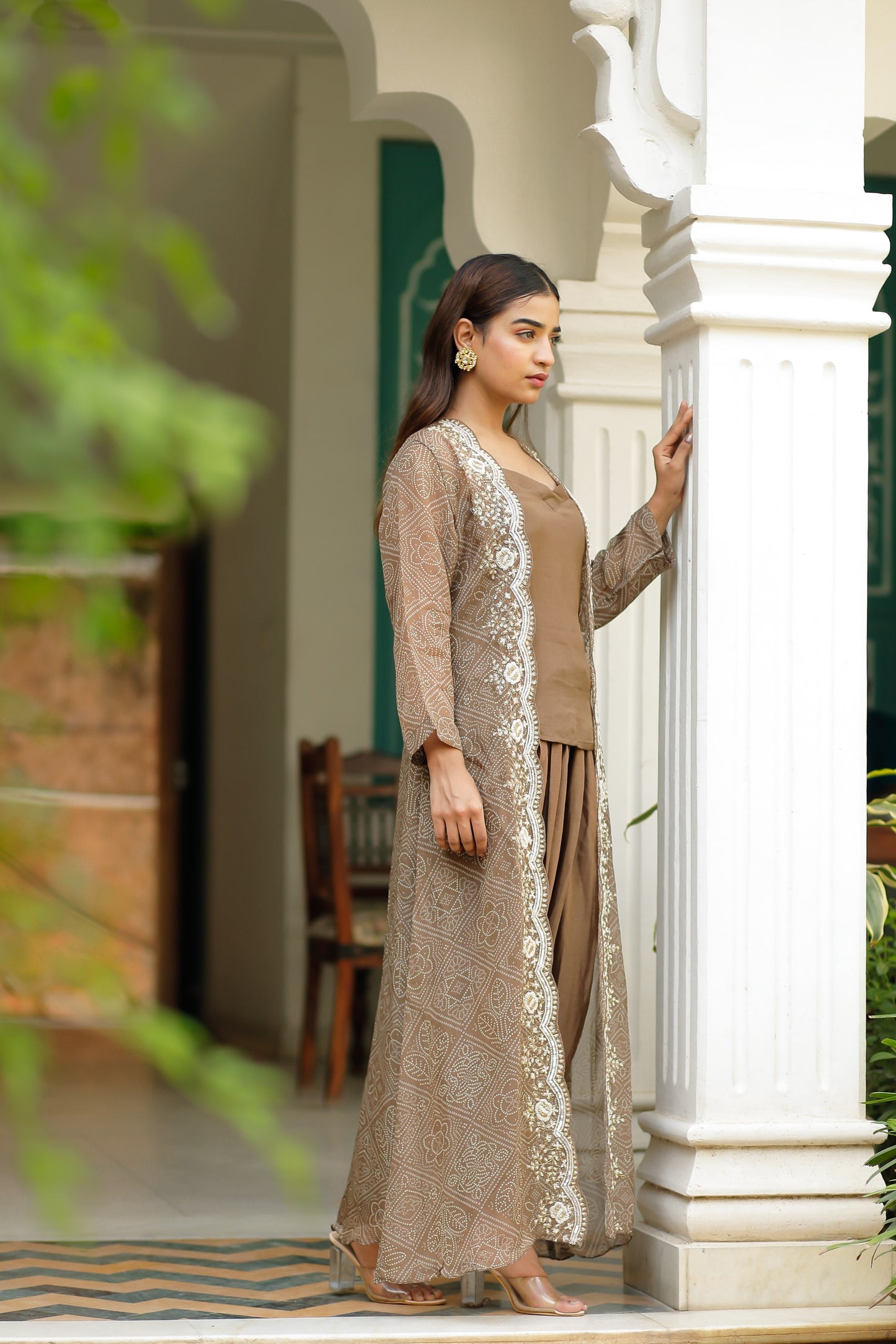 Brown Three Piece Set With Hand Moti Work
