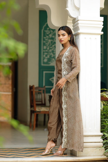 Brown Three Piece Set With Hand Moti Work