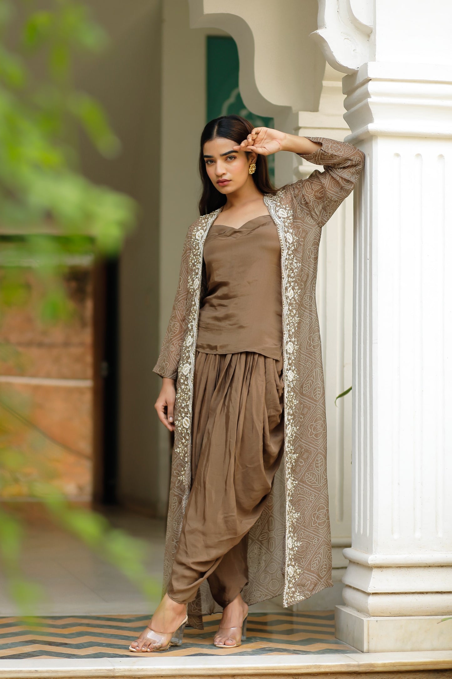 Brown Three Piece Set With Hand Moti Work