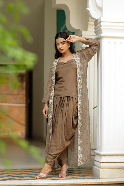 Brown Three Piece Set With Hand Moti Work