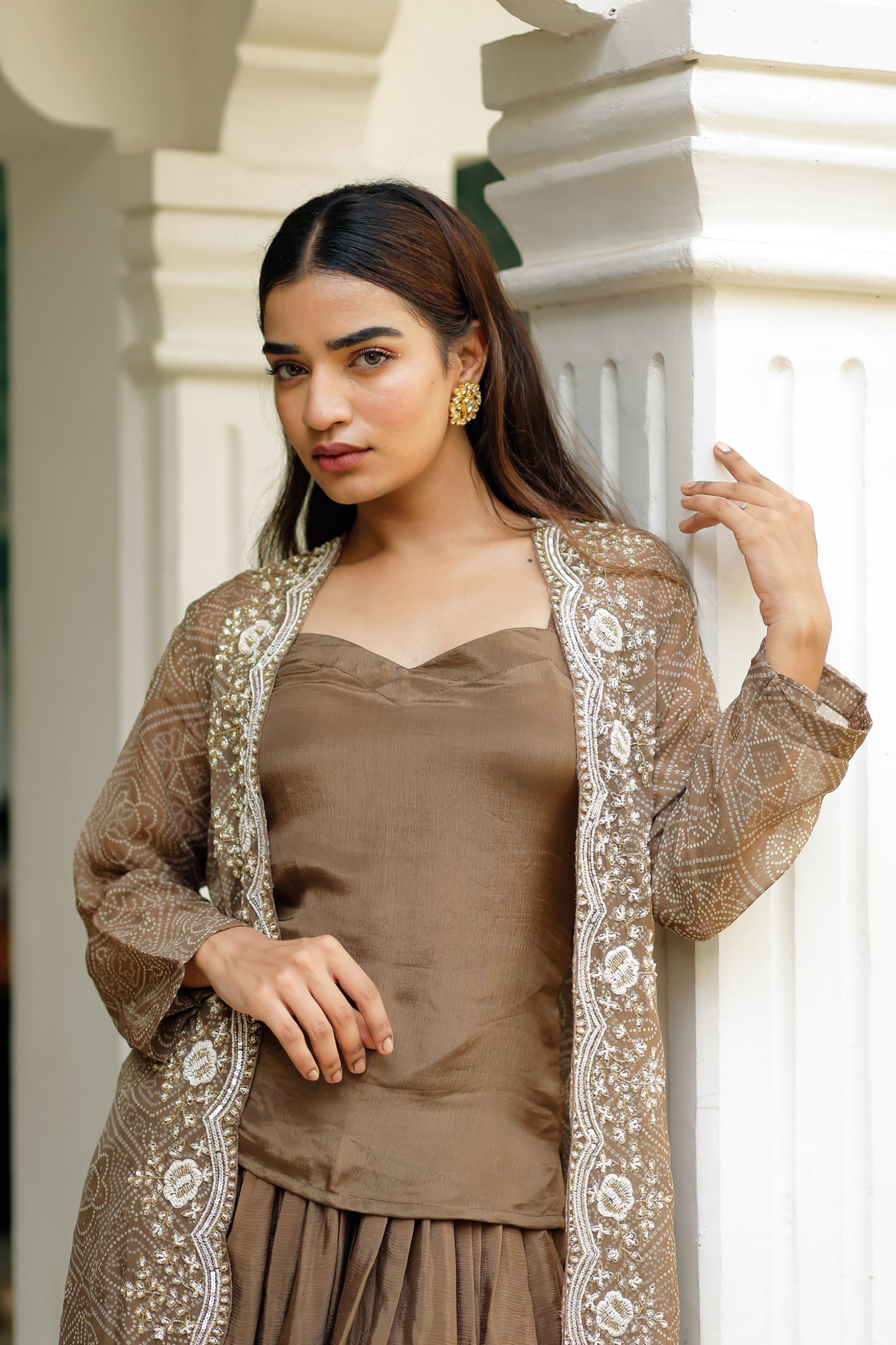 Brown Three Piece Set With Hand Moti Work