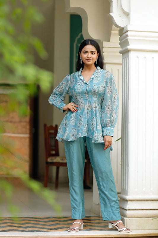 Dusty Blue Silk Organza Floral Printed Peplum Top with Raw Silk Pants