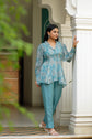 Dusty Blue Silk Organza Floral Printed Peplum Top with Raw Silk Pants