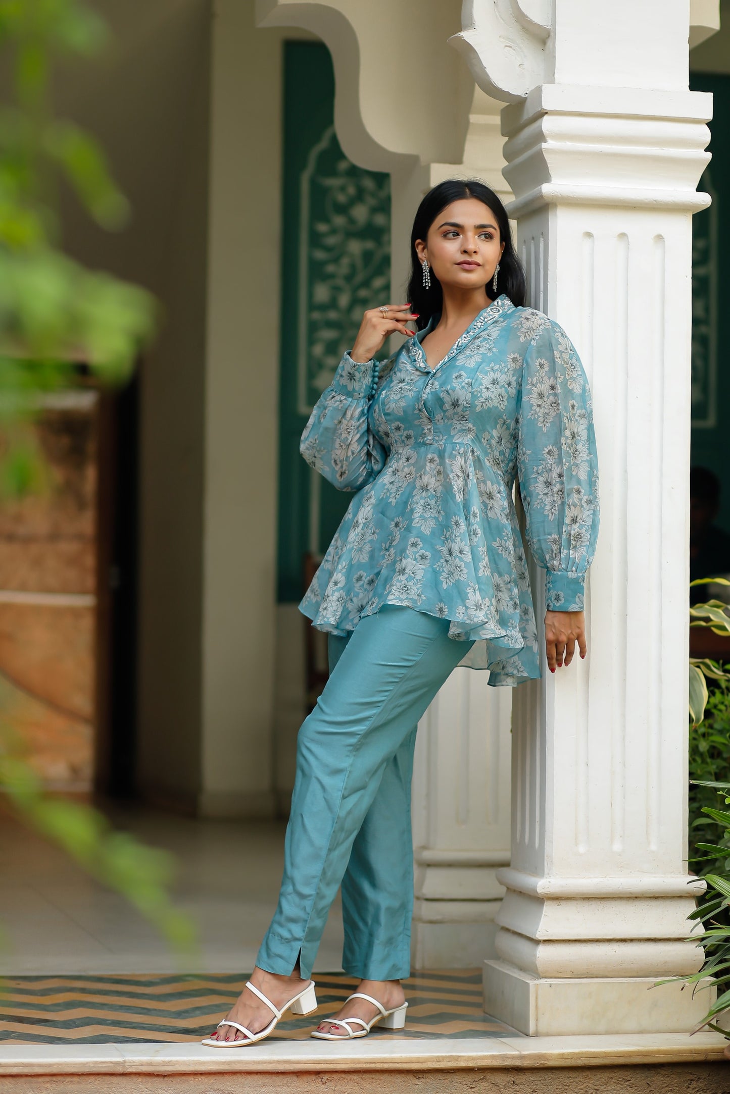 Dusty Blue Silk Organza Floral Printed Peplum Top with Raw Silk Pants