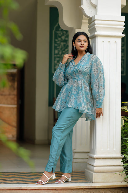 Dusty Blue Silk Organza Floral Printed Peplum Top with Raw Silk Pants