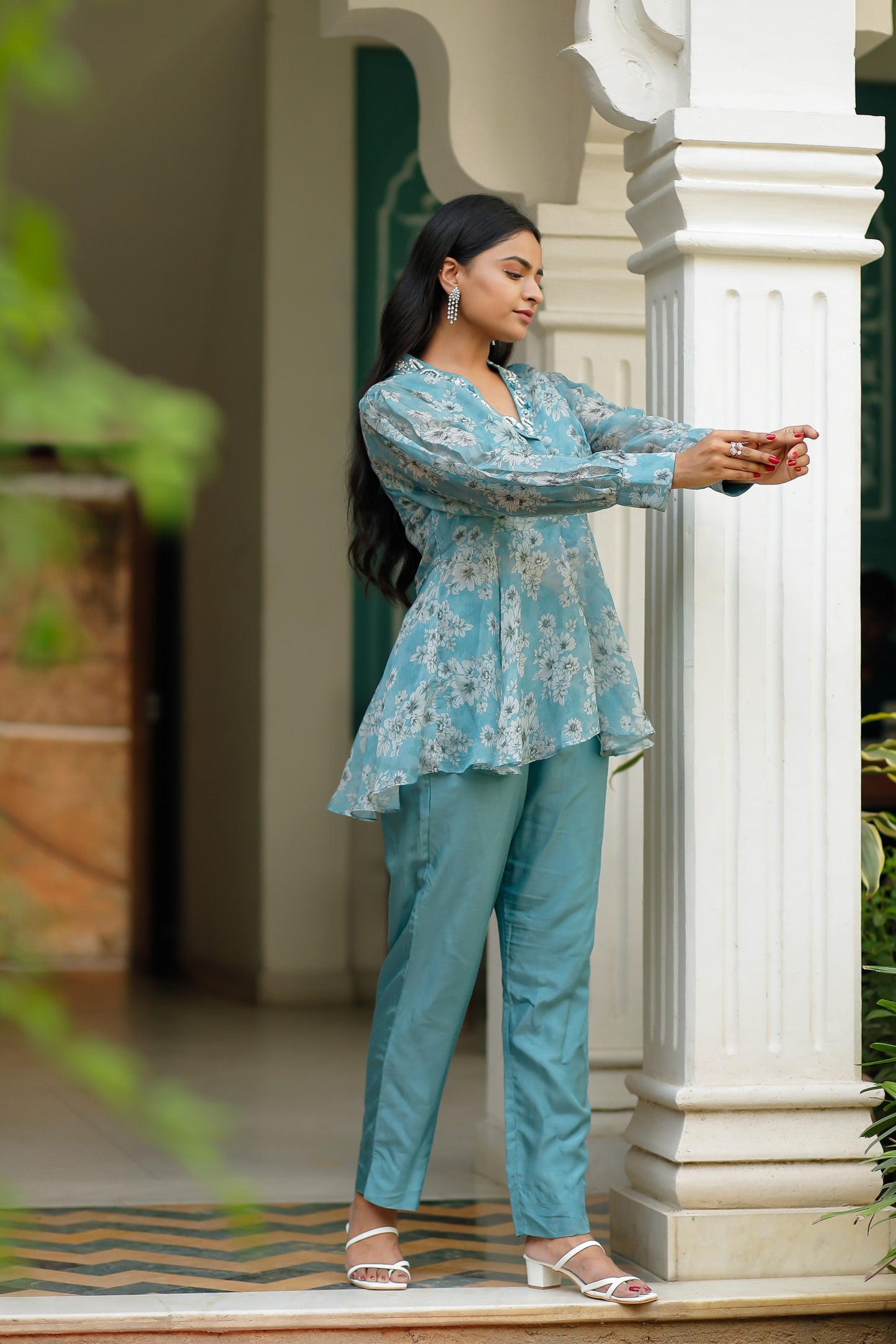 Dusty Blue Silk Organza Floral Printed Peplum Top with Raw Silk Pants
