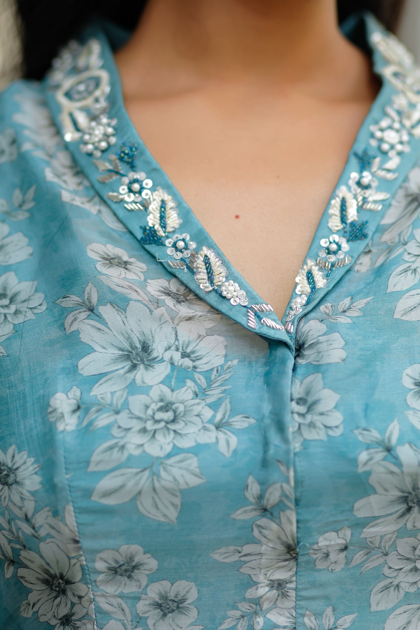 Dusty Blue Silk Organza Floral Printed Peplum Top with Raw Silk Pants