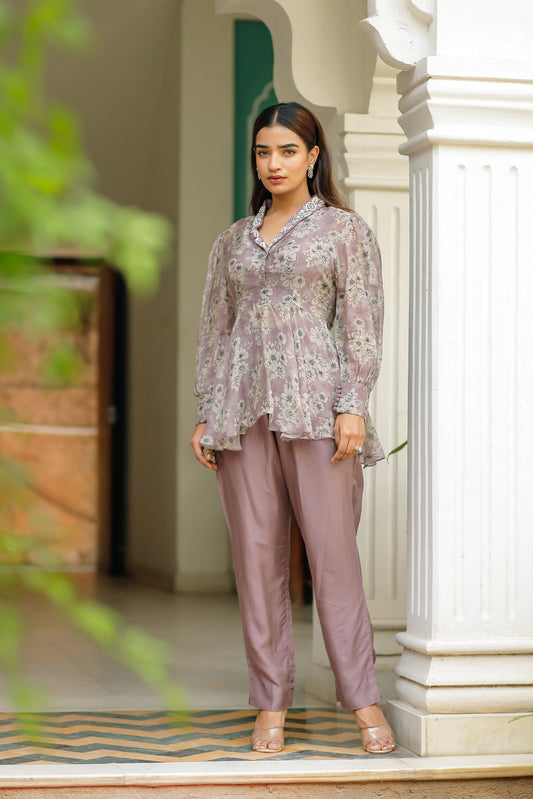 Dusty Purple Silk Organza Floral Printed Peplum Top with Raw Silk Pants