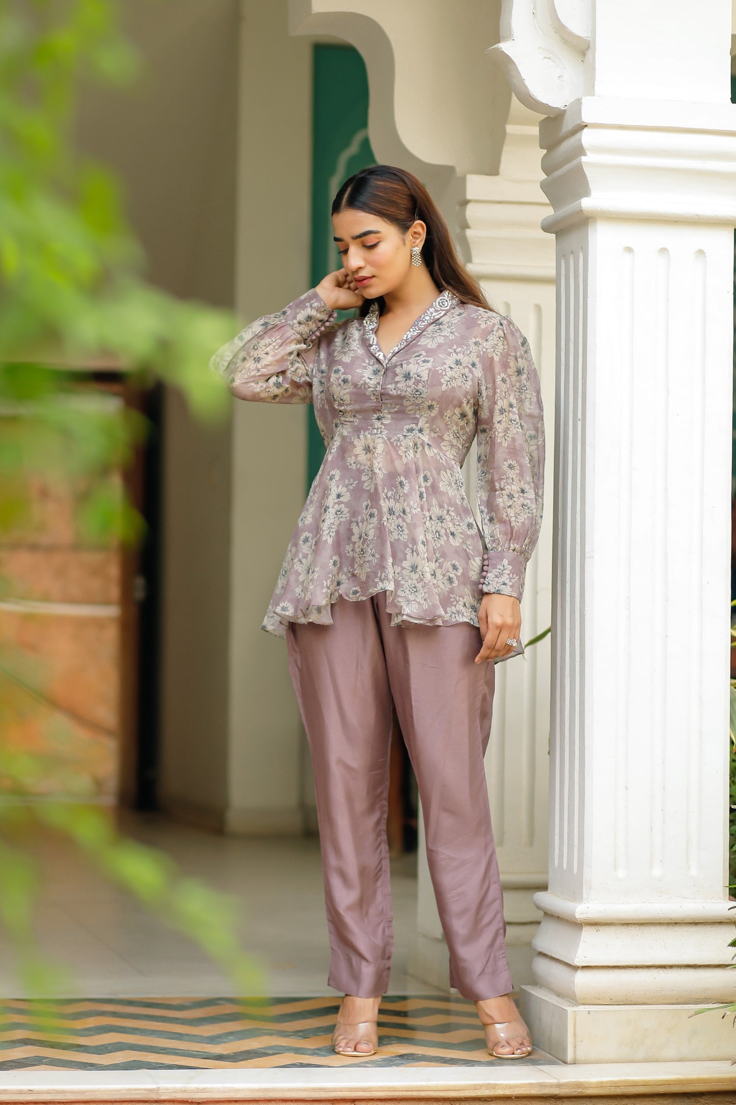 Dusty Purple Silk Organza Floral Printed Peplum Top with Raw Silk Pants