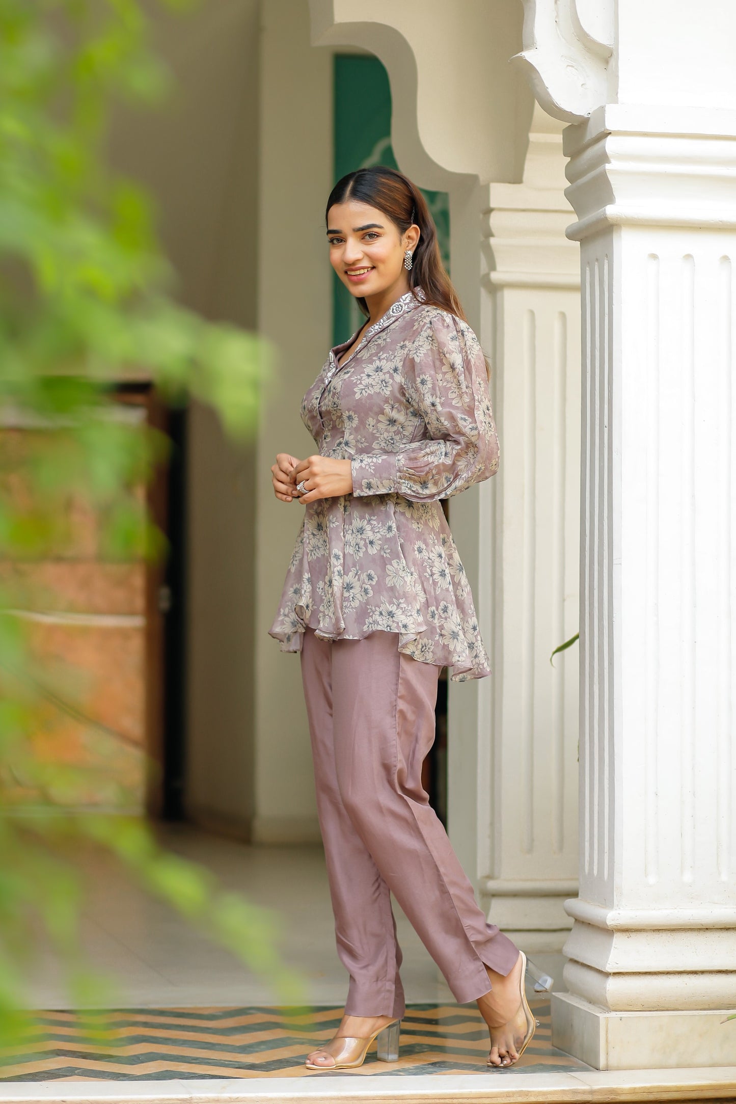 Dusty Purple Silk Organza Floral Printed Peplum Top with Raw Silk Pants