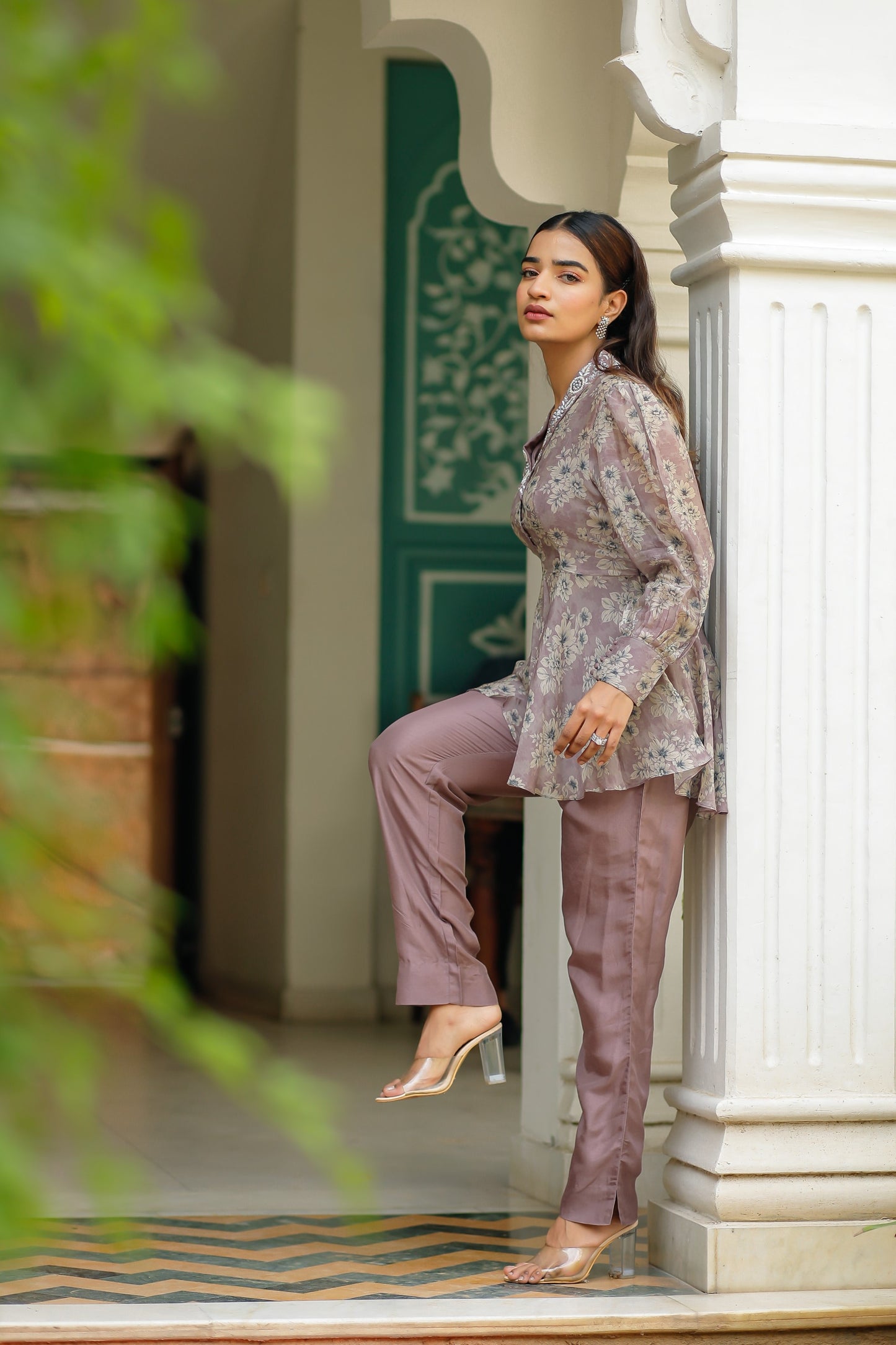 Dusty Purple Silk Organza Floral Printed Peplum Top with Raw Silk Pants