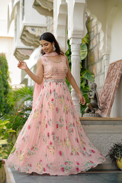 Baby Pink Floral Printed Anarkali Set With Embroidery