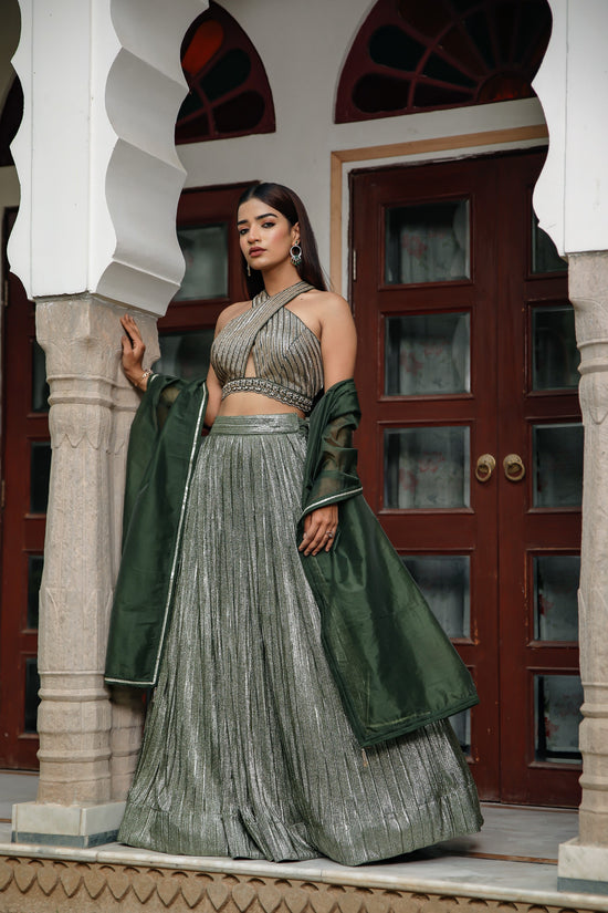 Olive Green Simmer Halter Neck Blouse With Skirt And Dupatta