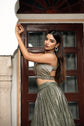 Olive Green Simmer Halter Neck Blouse With Skirt And Dupatta
