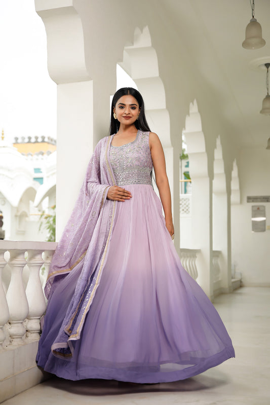 Ombre Lavender Georgette Anarkali Set With Embroidery