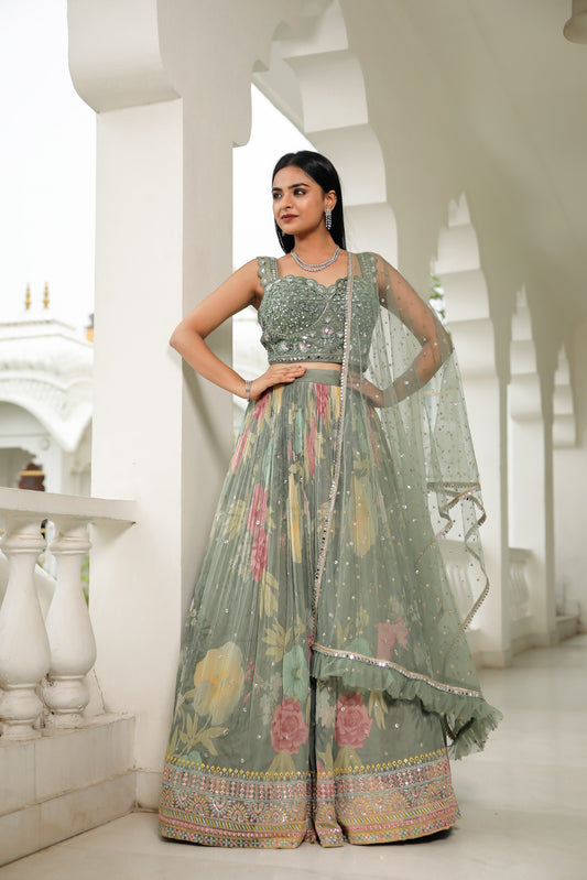 Sap Green Floral Printed Skirt With Blouse And Dupatta