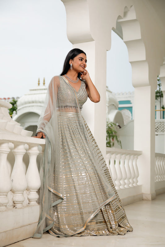 Cloudy Grey Mukaish Work Embellished Georgette Skirt Set
