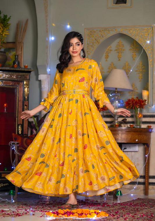Cyber Yellow Floral Printed Embellished Dress