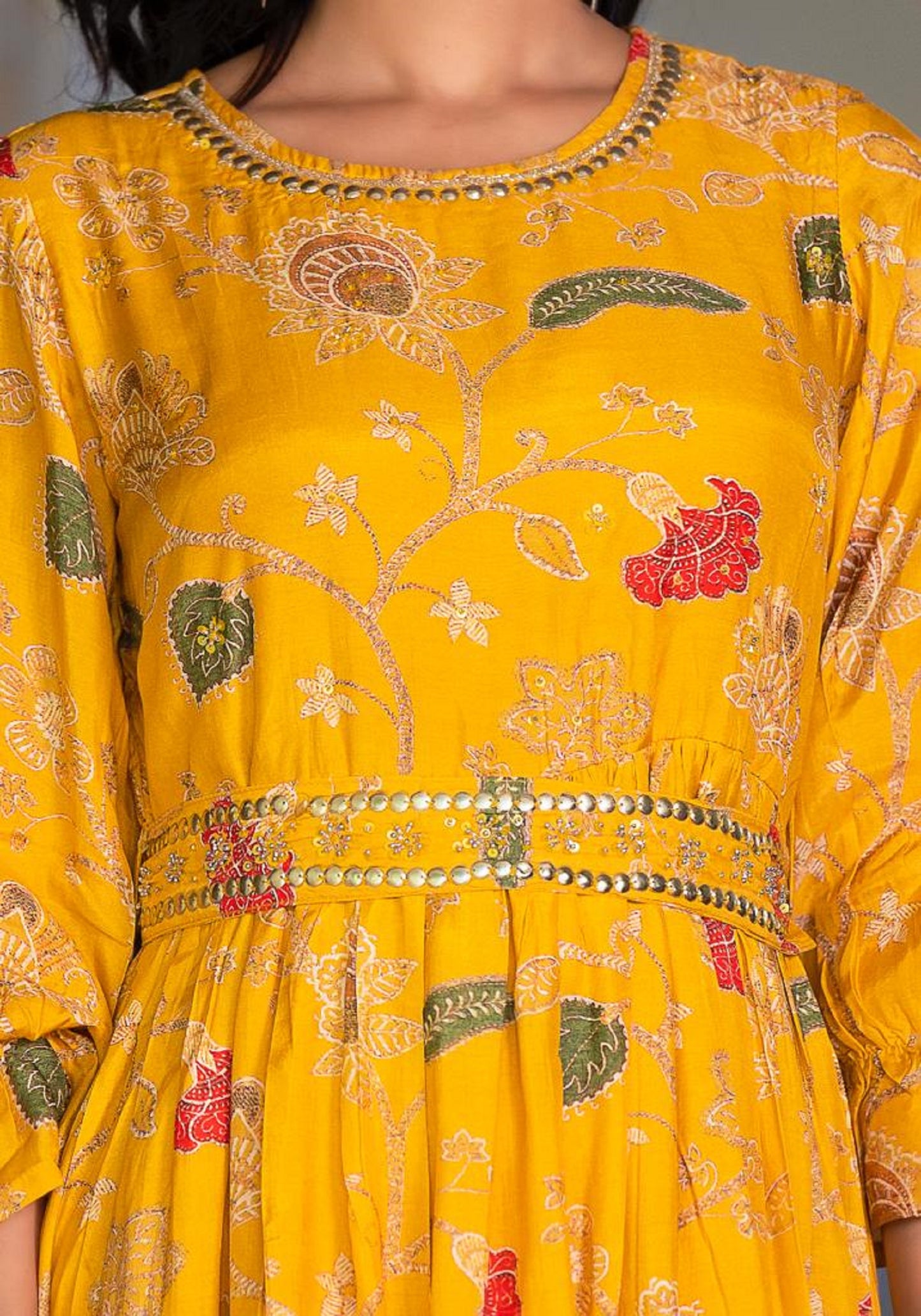 Cyber Yellow Floral Printed Embellished Dress