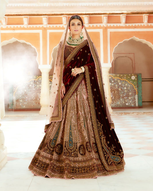 Blush Pink Lehenga In Organza Silk With Maroon Velvet Highlights Having Antique Hand Work On It