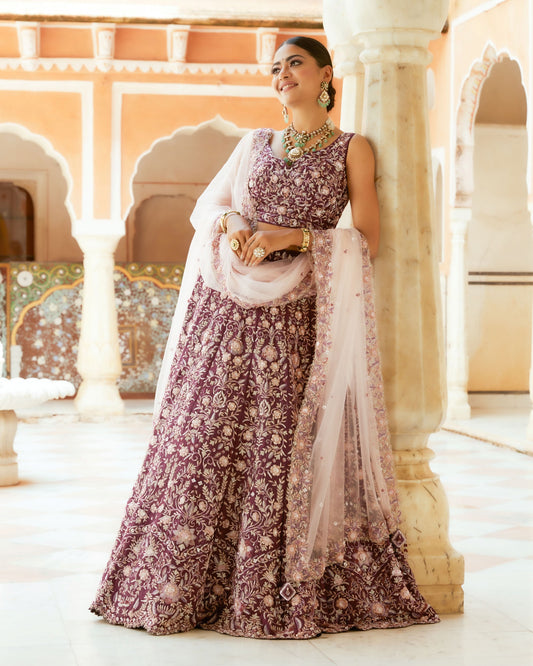 Wine Colour Raw Silk Lehenga Choli Set With Embellished Floral Jaal