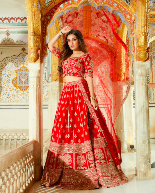 Dastur Red Royal Heritage Lehenga And Choli Set In Geometric Floral Motifs Embroidered With Sequin, Zari, Cut Dana, Moti And Zardozi