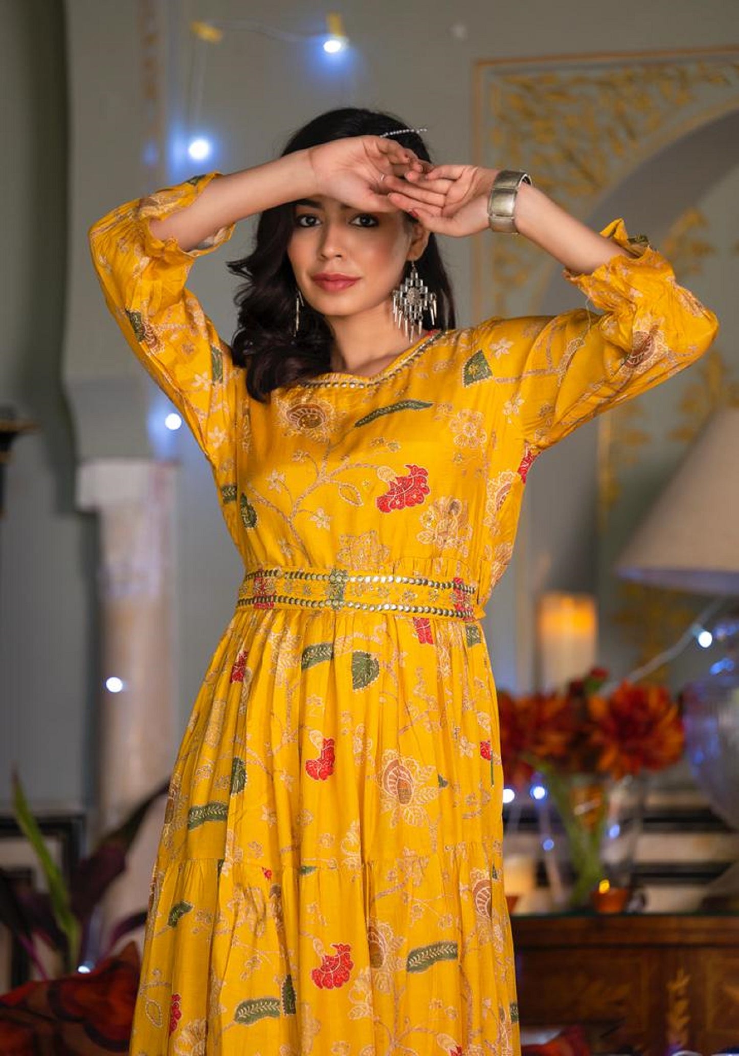 Cyber Yellow Floral Printed Embellished Dress