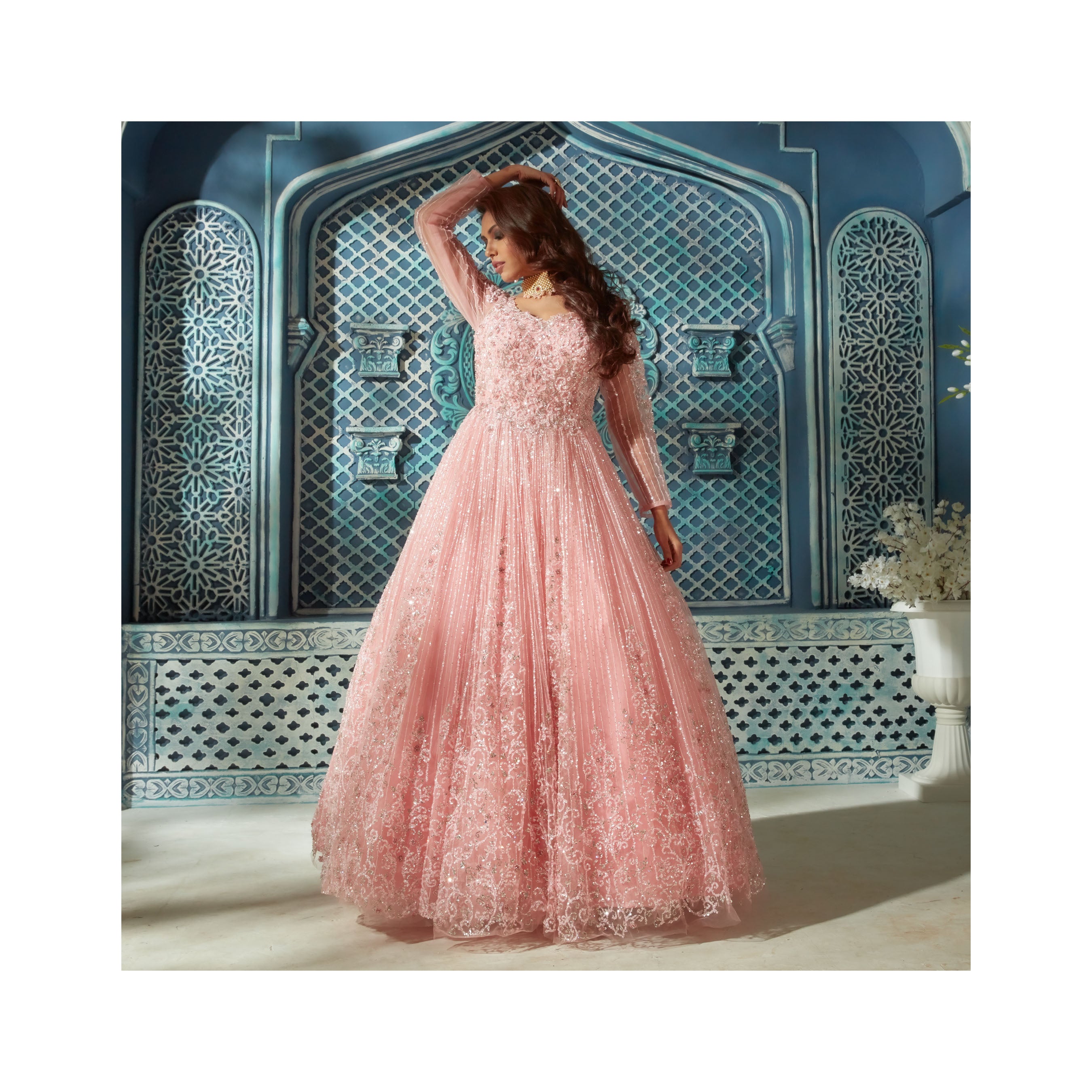 Net Fabric Embroidered Pink Color Party Wear Trendy Readymade Gown