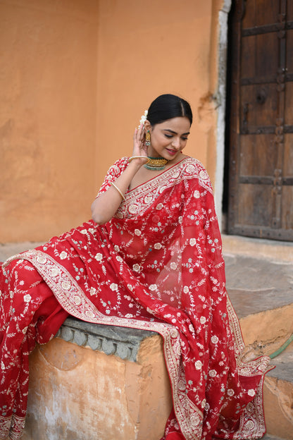 Dastoor Red Saree With Zardozi Work