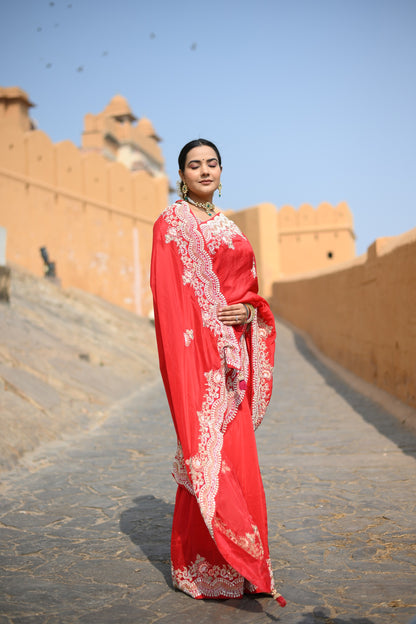 Candy Red Pure Organza hand Work Saree