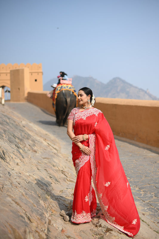 Candy Red Pure Organza hand Work Saree