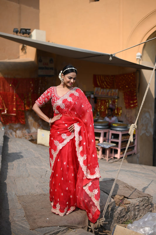 Apple Red Saree In Organza Having Royal Heritage Work