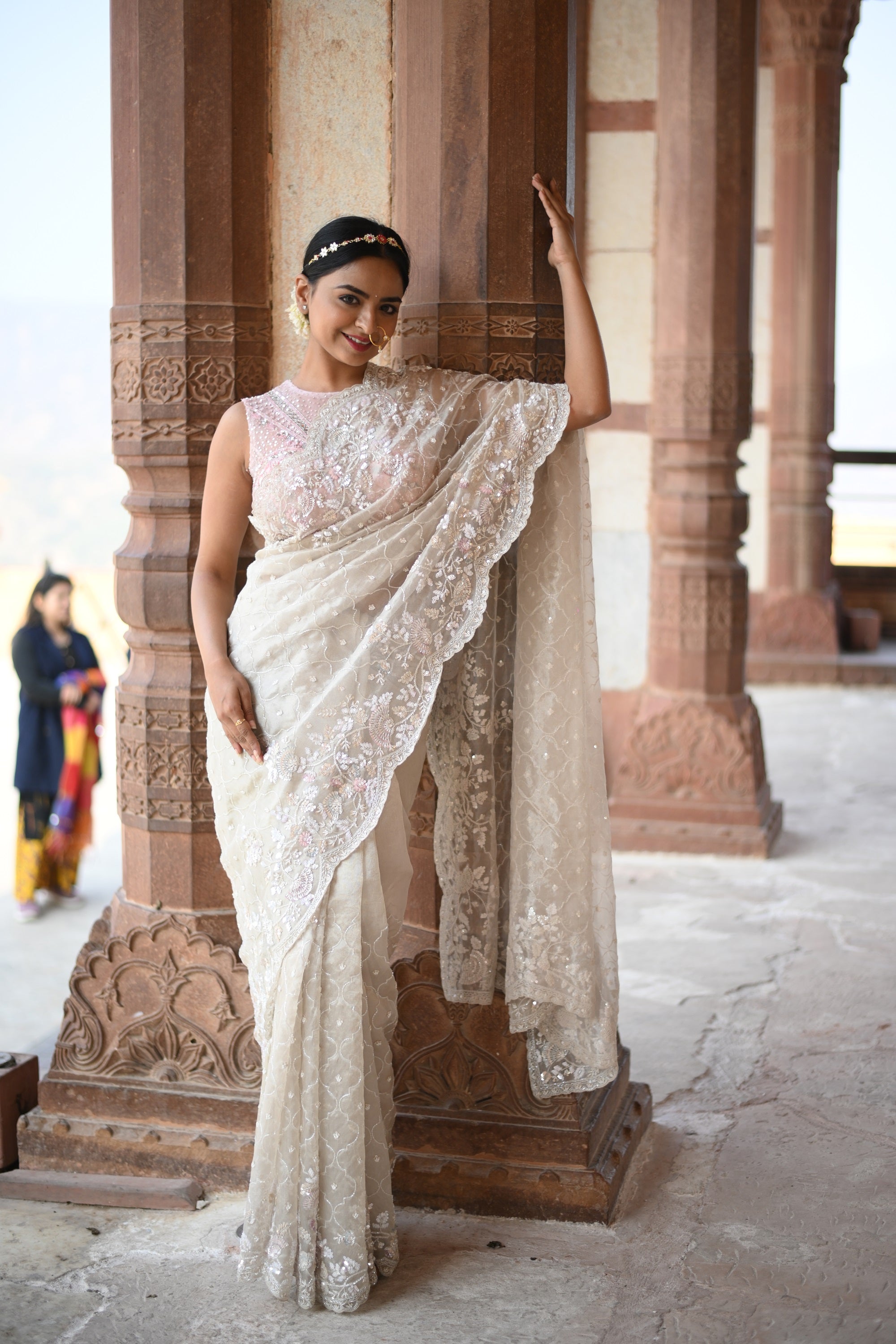 Buy White Organza Print Foil Sequin Wave Embellished Saree With Blouse For  Women by Shwetanga Online at Aza Fashions.