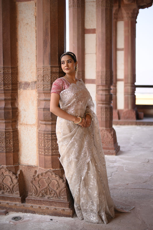 Platinum Silver Orgenza Saree With Mugal Jaal And Floral Work