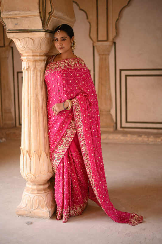 Ruby Pink Crape Silk  Hand Work Saree