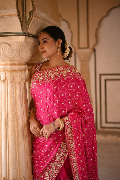 Ruby Pink Crape Silk  Hand Work Saree