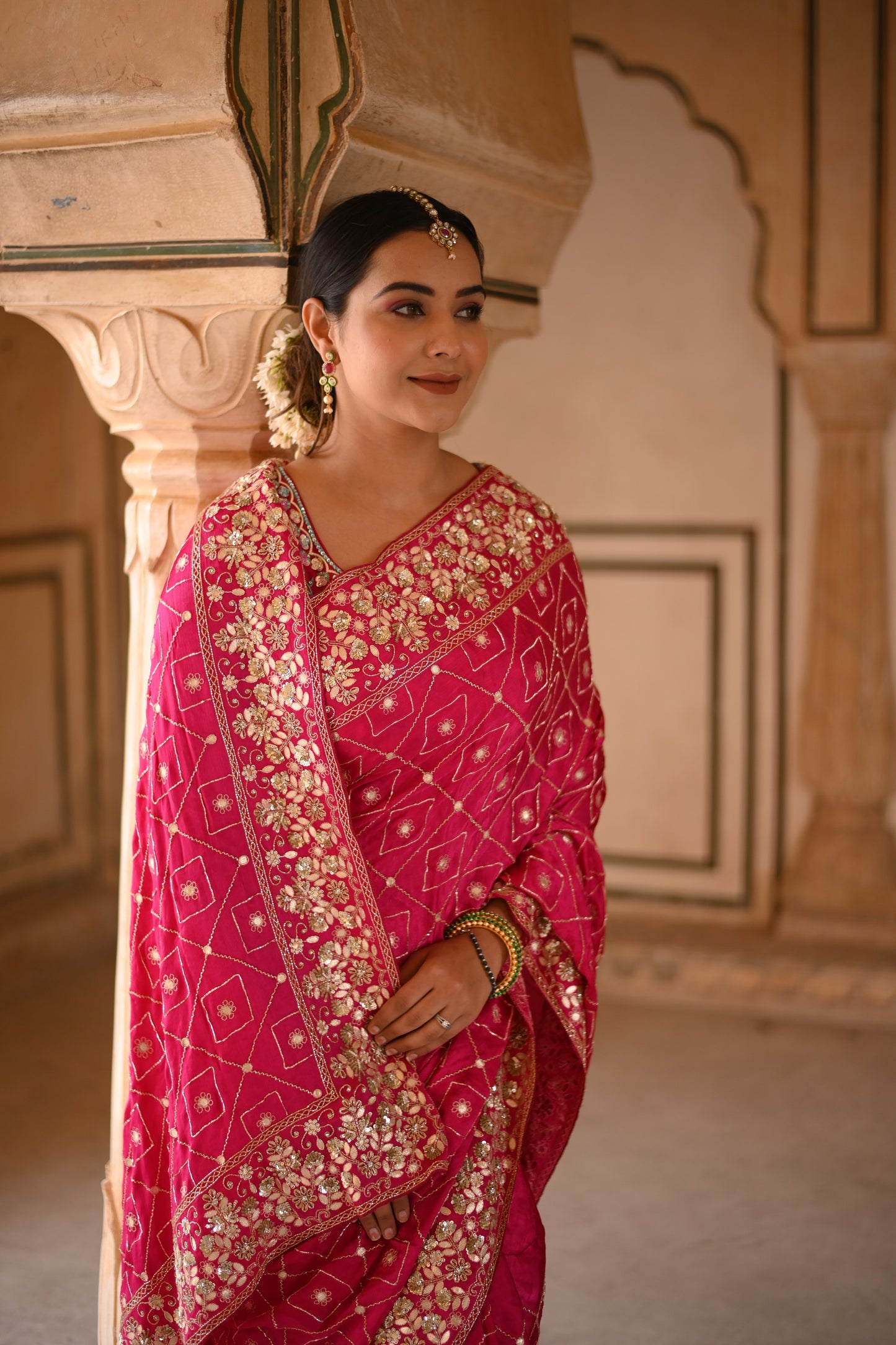 Ruby Pink Crape Silk  Hand Work Saree