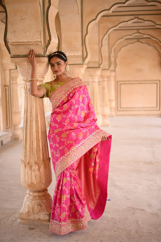 Magenta Pink Self Woven And Embellished Saree