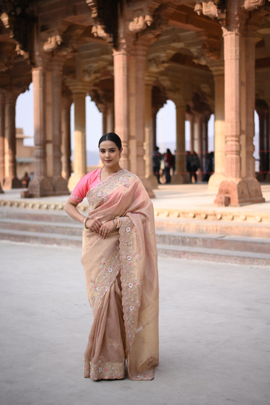 Rose Gold Banarasi Woven Hand Work Saree