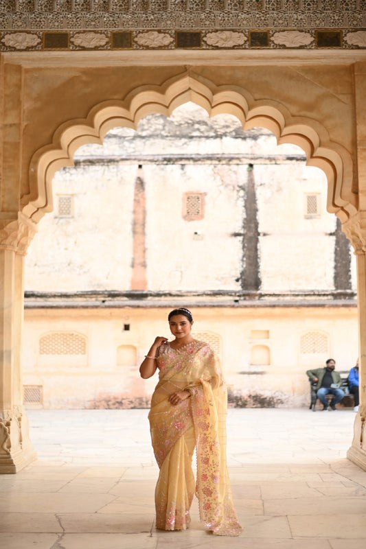 Daffodil Yellow Silk Organza Saree In hand Work