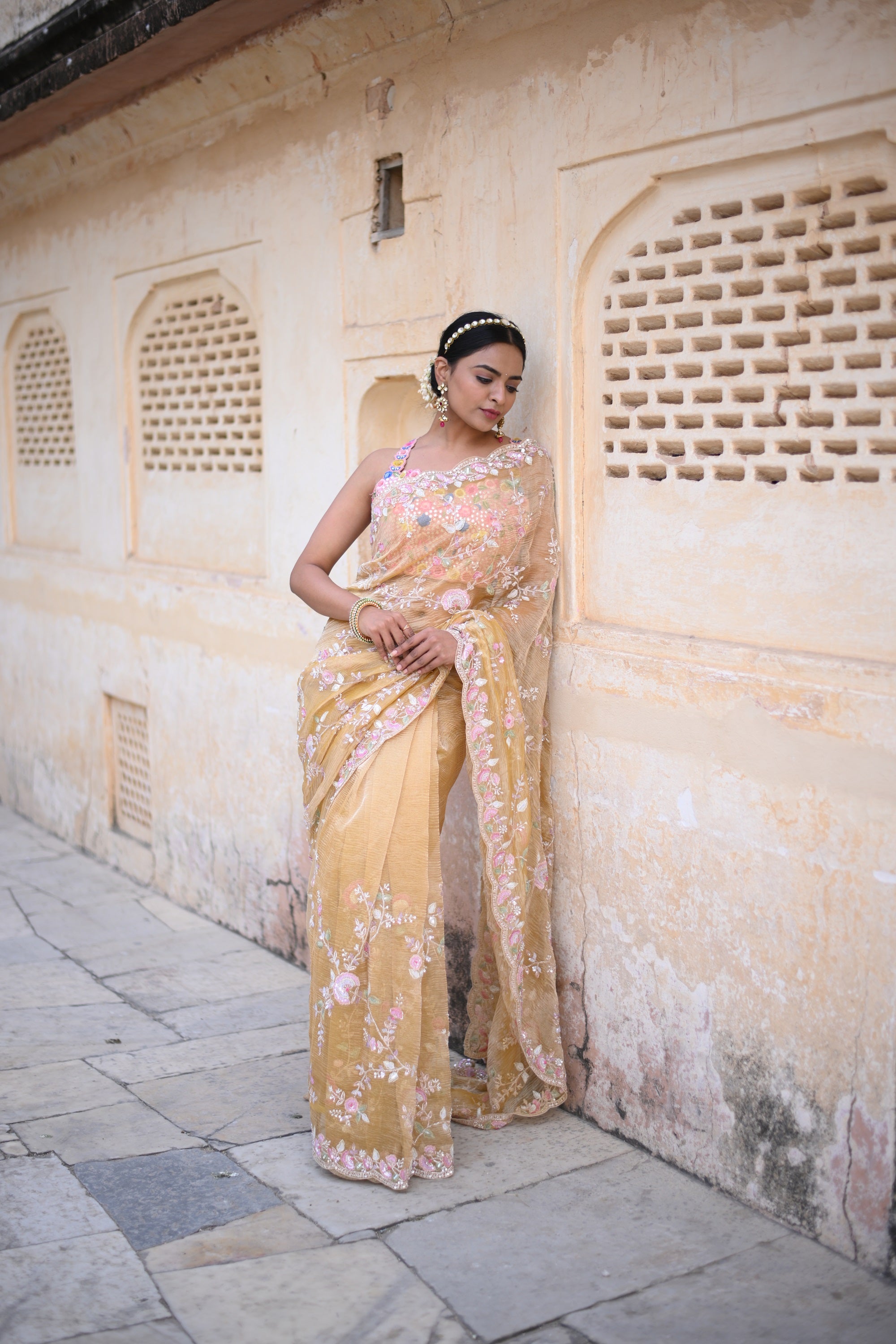 Latest Collection Kalki Koechlin Cream Tissue Silk Designer Indian wear  Saree With Blouse - vsaree - 4082220
