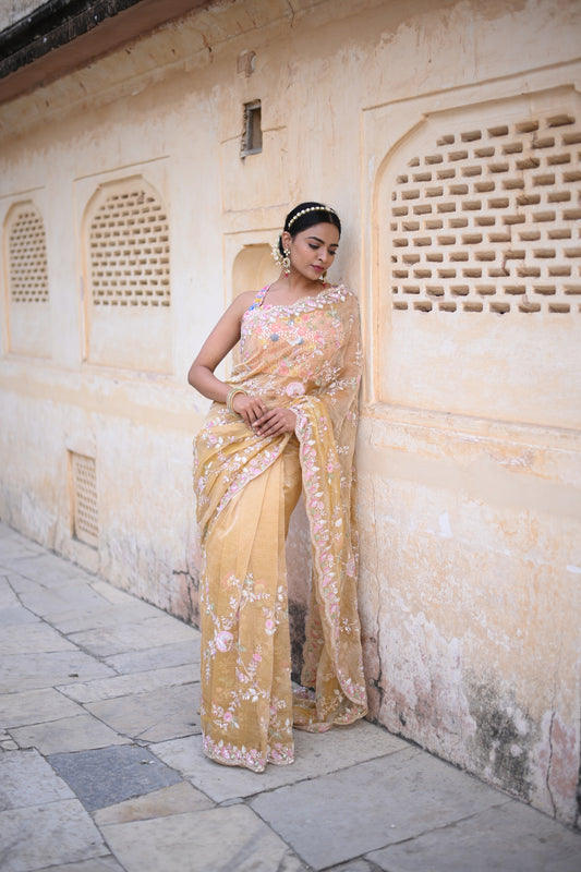 Dandelion Yellow Crush Tissue Silk Saree