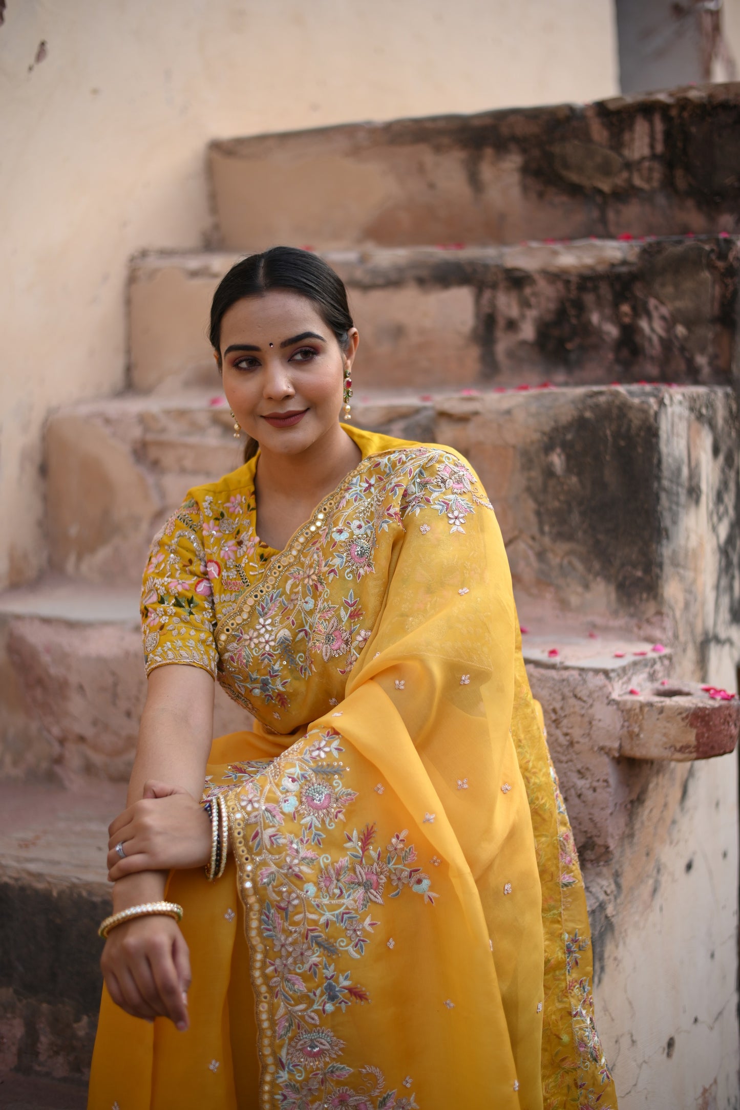 Cyber Yellow Pure Organza Rashem Work Saree