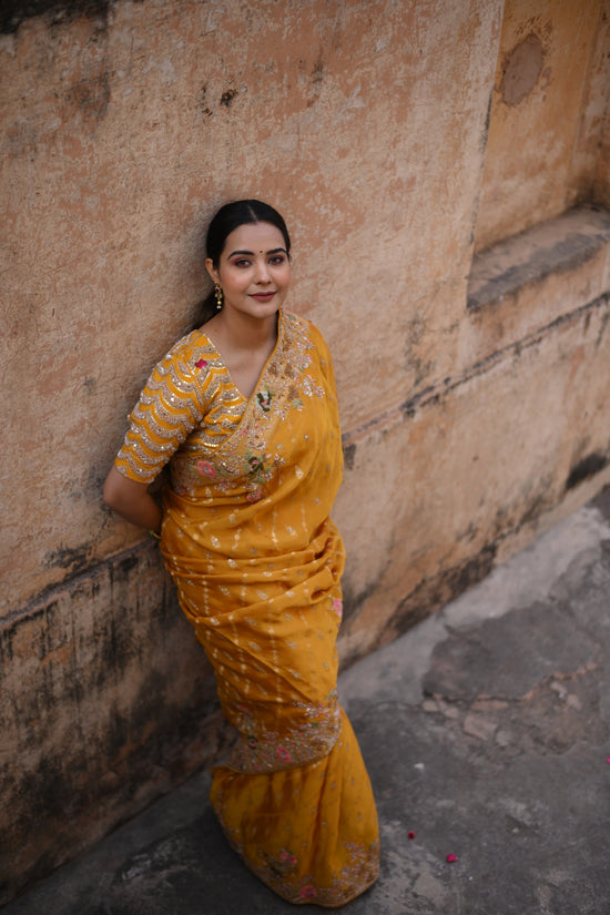 Crome Yellow Banarasi Woven And Embellished Saree