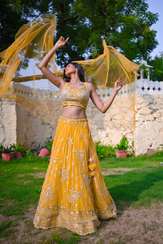 Engrossing mustard Yellow Net Lehenga Set
