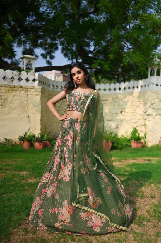 Moss Green Floral Printed Lehenga Set With Complementing Net Dupatta